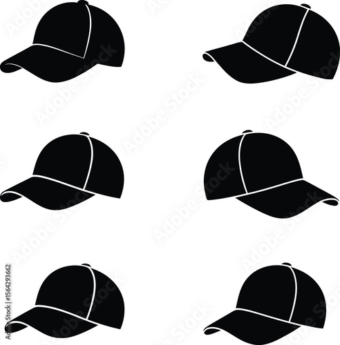 Collection of six black silhouette baseball caps from different angles on a white background