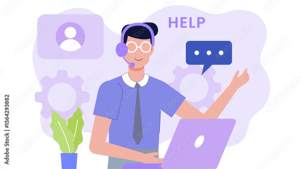 Helpful customer service agent assisting customers with a laptop. Suitable for tech support, online chat services, customer service concepts. Helpful customer service agent assisting customers with a laptop. Suitable for tech support, online chat services, customer service concepts.