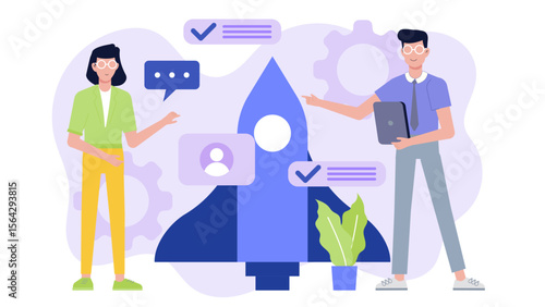 Two people discussing business project, preparing for startup launch. Suitable for business presentations, entrepreneurship articles, startup websites, and marketing materials.