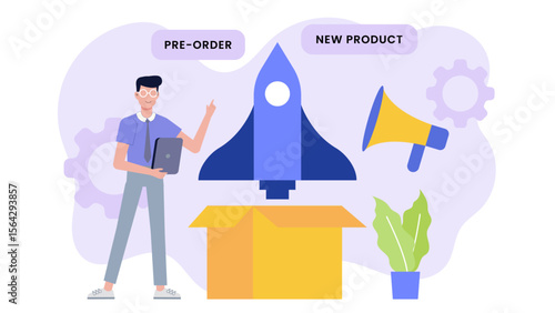 Man excitedly preordering new product, suitable for technology websites, blog posts, marketing materials, and social media promotions.