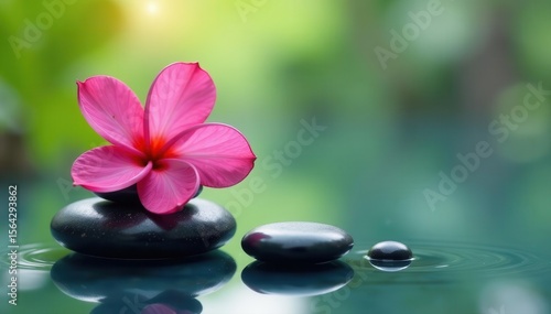 Polished spa stones, vibrant flower, bright backdrop, wellness, calm, healing