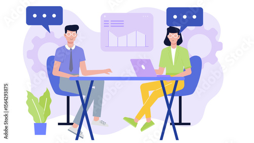 Two individuals discussing business strategies, suitable for marketing materials, presentations, articles, websites, and blogs featuring teamwork and collaboration.