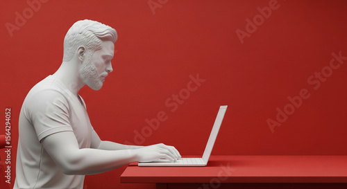 Minimalist White Plaster Person Sculpture, a male Working on Laptop in Red Plaster Room with Copy Space