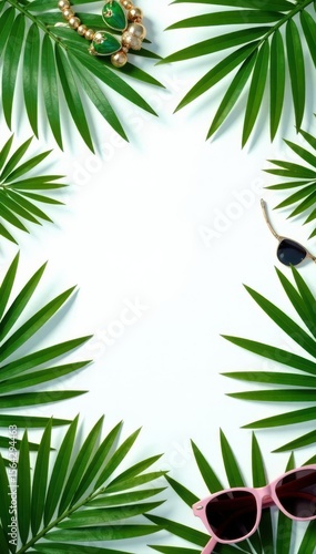 Tropical palm leaves frame white background, travel accessories , paradise, template