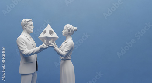 A 3D render of a minimalist white plaster sculpture of two business people, a man and woman, collaborating by holding an abstract geometric shape against a blue background with copy space.