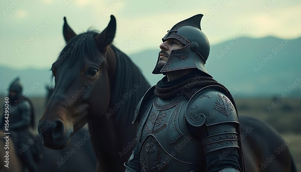 Obraz premium Cinematic ancient knight in armor with head up looking to the sky, created with generative ai