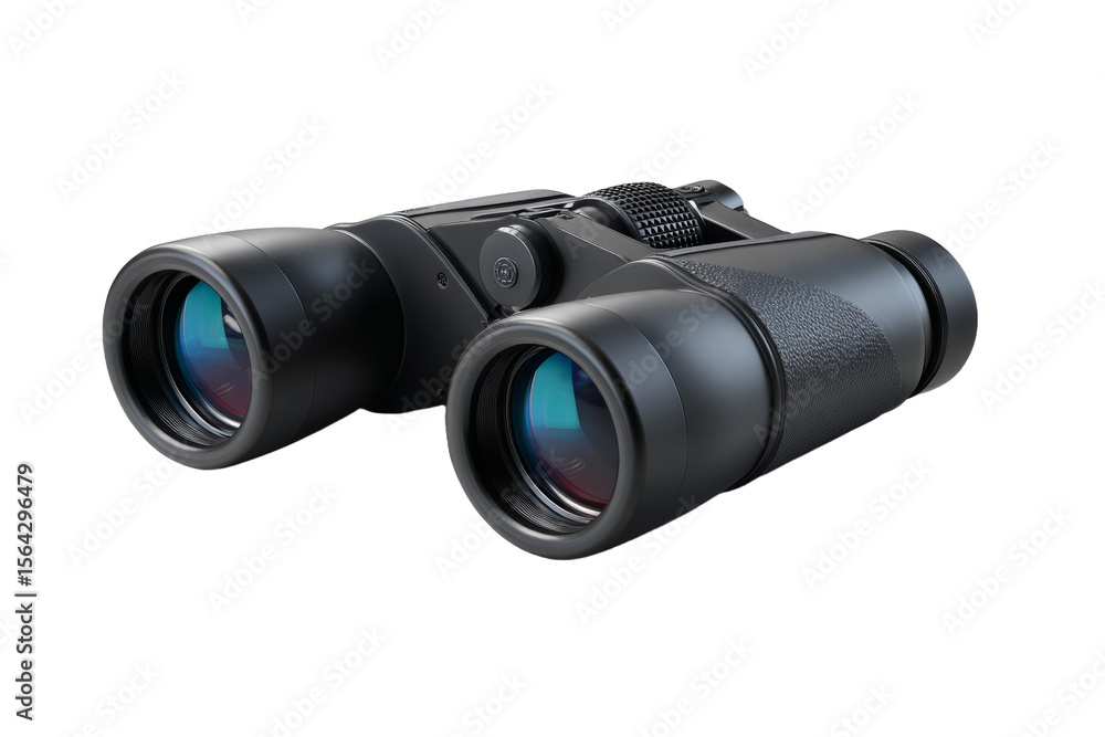 A pair of binoculars with a black frame and a blue lens A pair of binoculars with a black frame and a blue lens