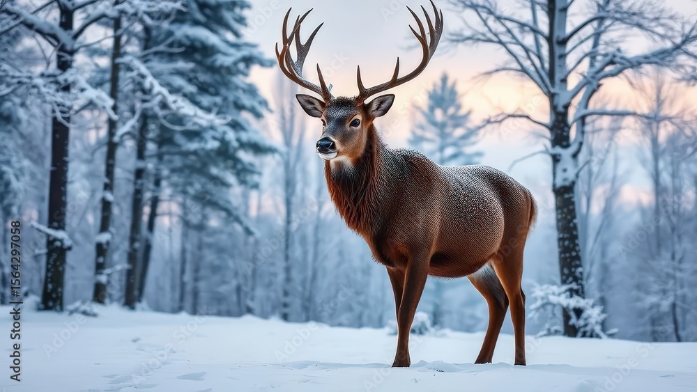 Obraz premium Majestic red deer stag standing in a snow-covered forest clearing