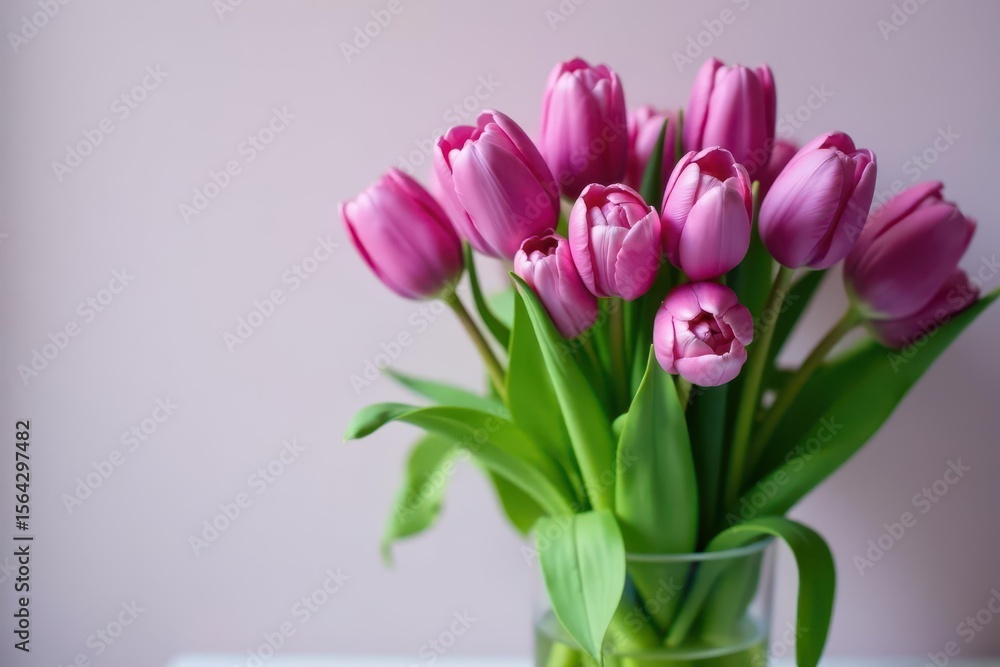 Obraz premium Purple tulips in a vase with lush green foliage, nature, arrangement, home decor