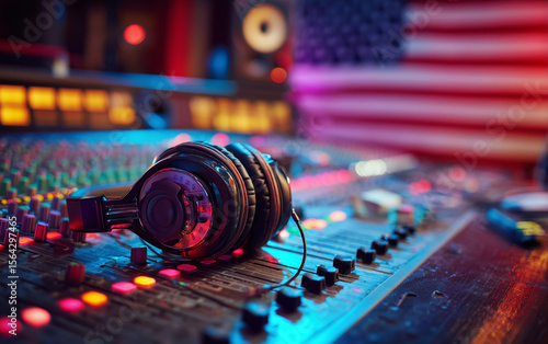 Colorful music production studio with headphones and sound board, American flag in the background. Stock photo, 