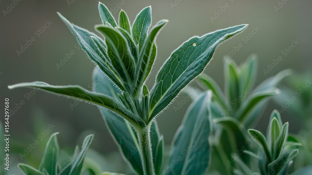 Obraz premium Detailed macro view of verdant plant leaves with visible trichomes, showcasing intricate botanical texture and the beauty of natural flora.