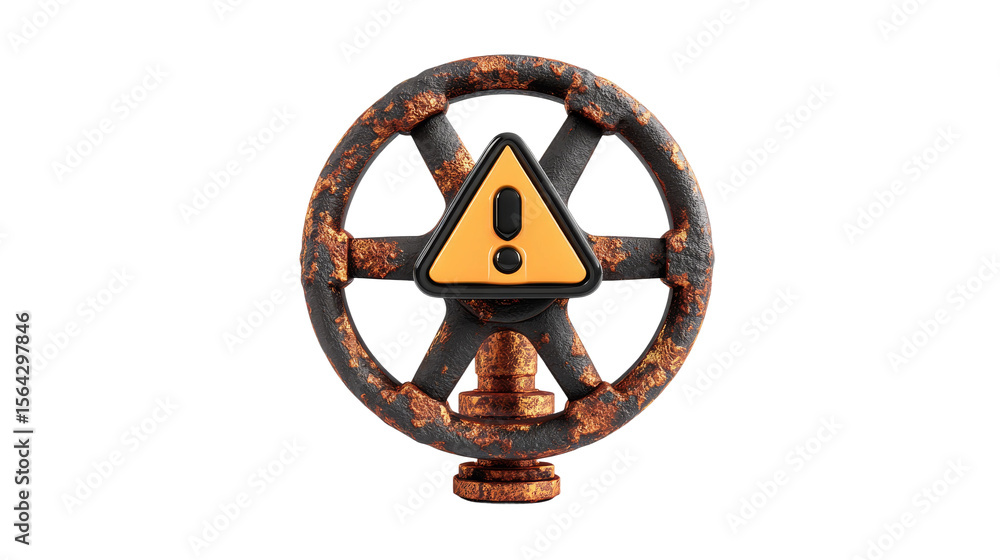 Obraz premium Old rusted industrial valve with warning symbol on transparent backdrop.