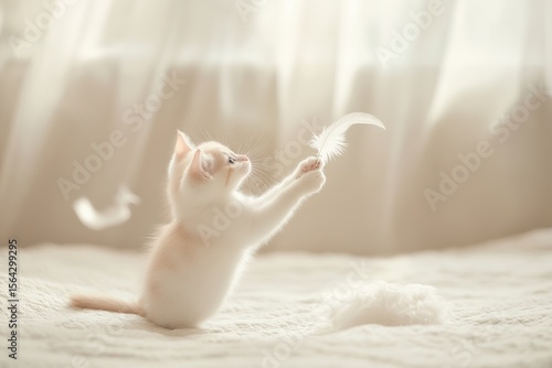 Wallpaper Mural Adorable Kitten Playing with a Feather on a Soft Bed: A Moment of Pure Joy and Innocence Torontodigital.ca