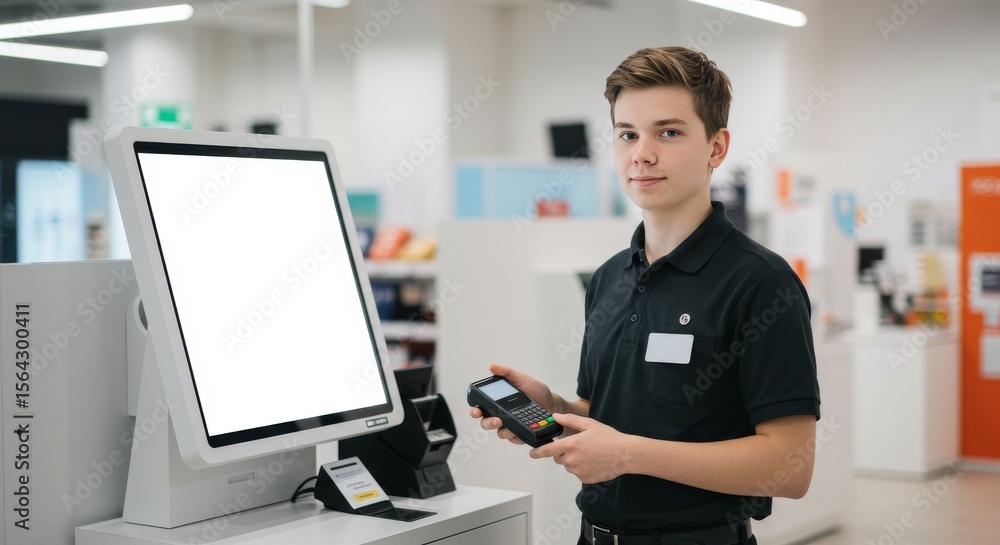 cashier standing behind a self-service digital kiosk, slightly turned toward the camera, holding a small POS scanner. cashier standing behind a self-service digital kiosk, slightly turned toward the camera, holding a small POS scanner.