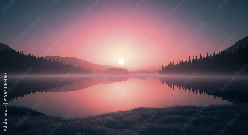 Fototapeta premium Tranquil mountain lake reflects a vibrant pink sunrise amidst misty forests and a serene landscape view.