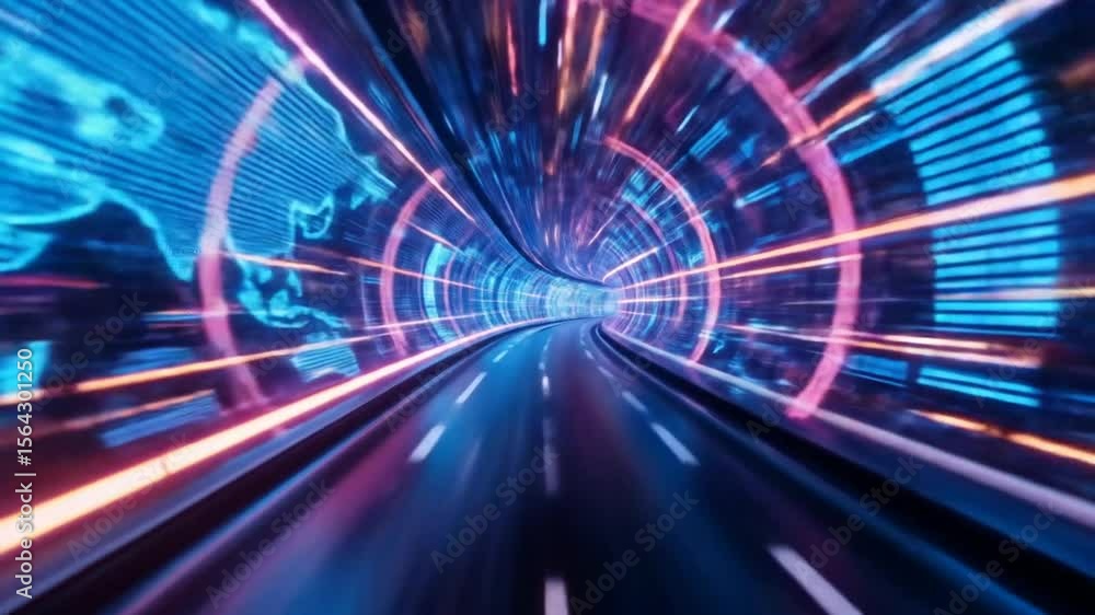 Abstract Neon Light Tunnel with Road, Futuristic Technology Digital Background Loop Abstract Neon Light Tunnel with Road, Futuristic Technology Digital Background Loop