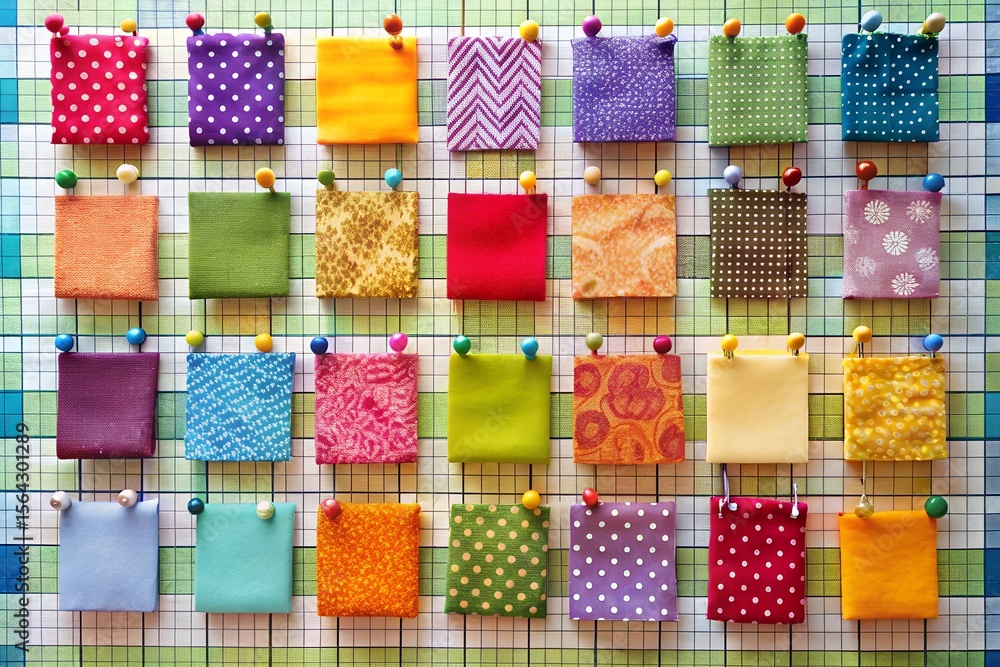 Fototapeta premium Vibrant colorful fabric swatches pinned on grid; textile design, craft, quilting, DIY project, overhead shot.