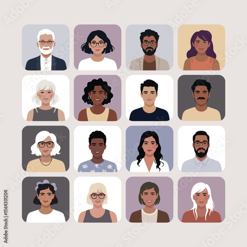 Sixteen Diverse Flat Style Avatar Portraits Grid avatars people 3