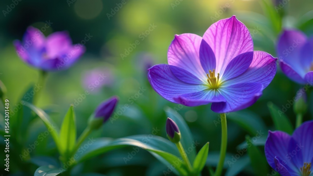 Serene Purple Bloom in Soft Sunlight, Delicate Petals Unfurling in a Garden Setting Serene Purple Bloom in Soft Sunlight, Delicate Petals Unfurling in a Garden Setting