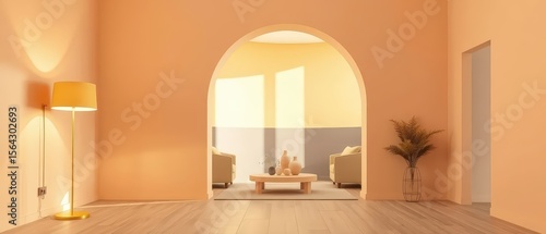 Interior of a minimalist living room with peach walls and light wood flooring