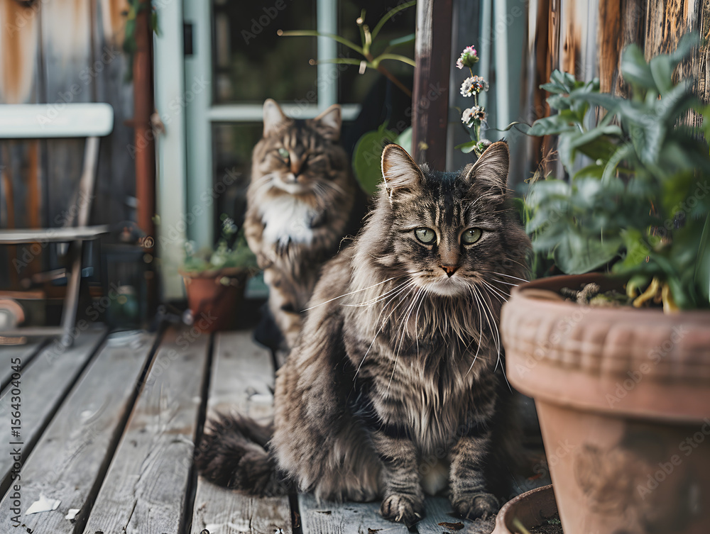 Obraz premium Two Tabby Cats Sitting on Rustic Wooden Porch Next to a Potted Plant – Cozy Cabin Lifestyle and Rural Pet Companionship