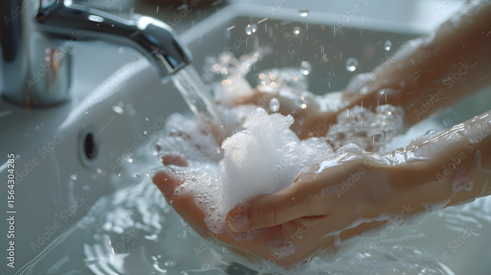 Fototapeta premium Close-Up of Hands Being Washed Under Running Water in a Modern Sink with Soft Natural Light – Hygiene, Cleanliness, and Handwashing Concept