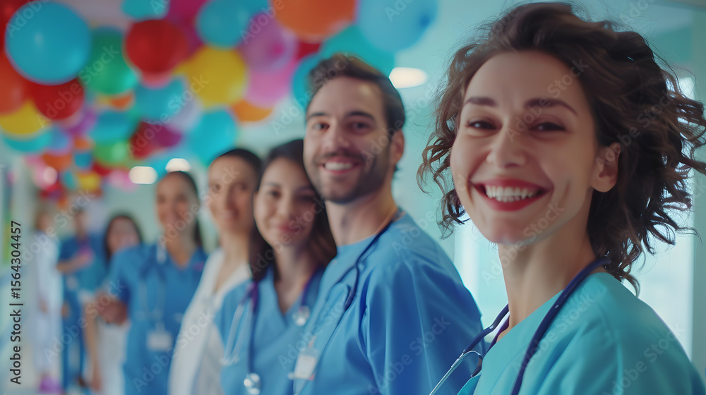 Happy Diverse Nurses Smiling in Hospital Hallway with Party Decorations, Blank Copy Space for Text, Medical Staff Team in Healthcare Setting Happy Diverse Nurses Smiling in Hospital Hallway with Party Decorations, Blank Copy Space for Text, Medical Staff Team in Healthcare Setting