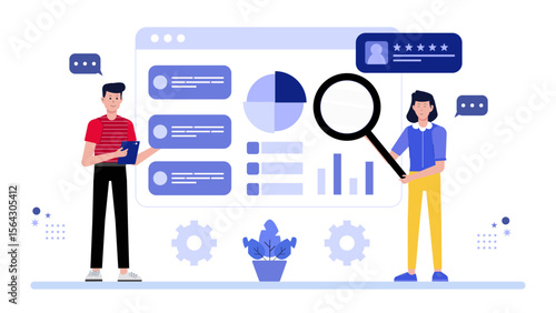 Two people analyzing data with a magnifying glass. Great for business intelligence, teamwork, investigation, research, analysis, collaboration concepts.