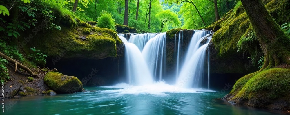 Fototapeta premium Mesmerizing Cascading Waterfall in Lush Green Forest Perfect for Travel, Nature, and Adventure Photography