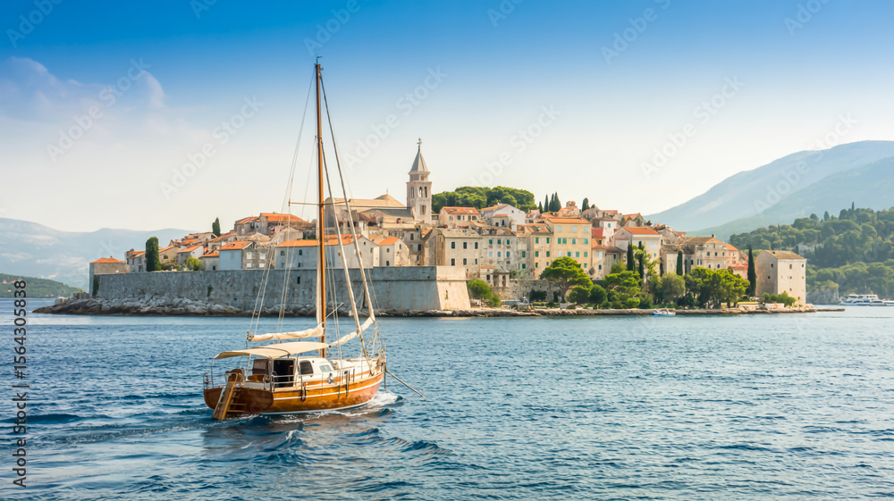Fototapeta premium A daytime photograph of Korcula Town in Croatia viewed from across the blue Mediterranean Sea.