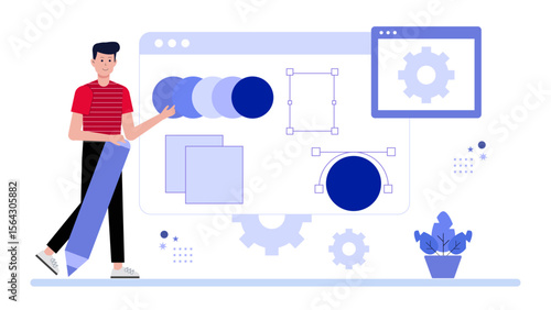 Wallpaper Mural Man creating webpage with color palettes, shapes. Suitable for web design, UI/UX concepts, digital marketing, graphic design tutorials. Torontodigital.ca