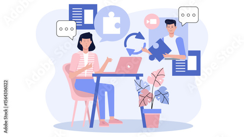 Online collaboration puzzle solving teamwork concept with diverse team members working together remotely. Perfect for web design and presentations.