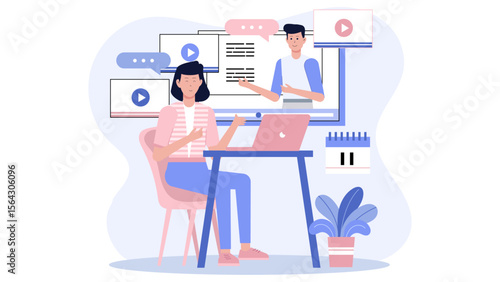 Online class between a student and instructor, perfect for educational concepts, eLearning websites, virtual classrooms, and online training modules.
