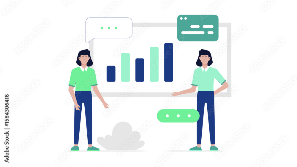 Two women presenting a bar graph of business data, suitable for presentations, reports, marketing materials, and financial content. Two women presenting a bar graph of business data, suitable for presentations, reports, marketing materials, and financial content.