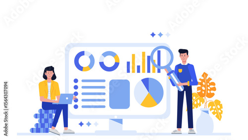 Data analysis illustrated through people collaborating, referencing charts, and interpreting graphs, ideal for business presentations or financial reports.