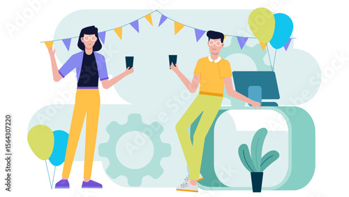 Coworkers celebrating work anniversary in office, flat vector illustration