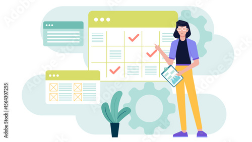 Woman reviewing a project schedule; suitable for business presentations, project management articles, team meetings, and project planning resources.