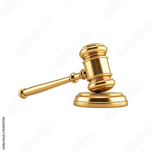 A golden gavel with a polished, reflective surface, positioned against a transparent background