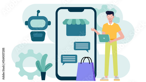 Man interacts with a chatbot while shopping online. Ideal for ecommerce, technology, customer service, and artificial intelligence concept visuals.