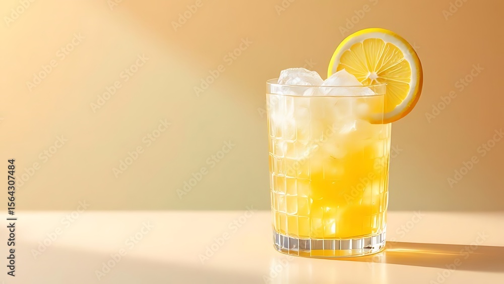 Fototapeta premium Chilled lemon drink in a textured glass with ice cubes and a lemon slice garnish. Perfect for summer-themed content, beverage ads, or refreshing drink menus