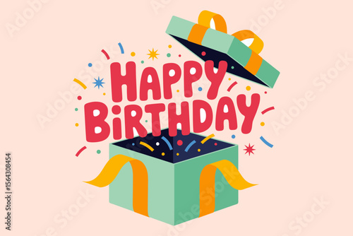 Happy birthday message in open gift box; suitable for birthday cards, invitations, celebrations graphics, and social media posts.