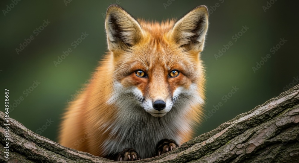 Fototapeta premium A Beautiful Red Fox Sitting on a Tree Branch with Intense Eyes