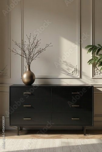 Stylish Black Six-Drawer Dresser with Brass Hardware in a Sunlit Room