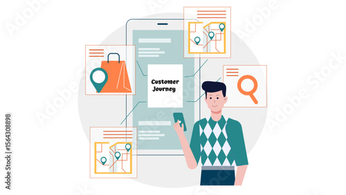 Illustration of a customer journey map, featuring a man, suitable for business presentations and marketing campaigns explaining consumer experiences.