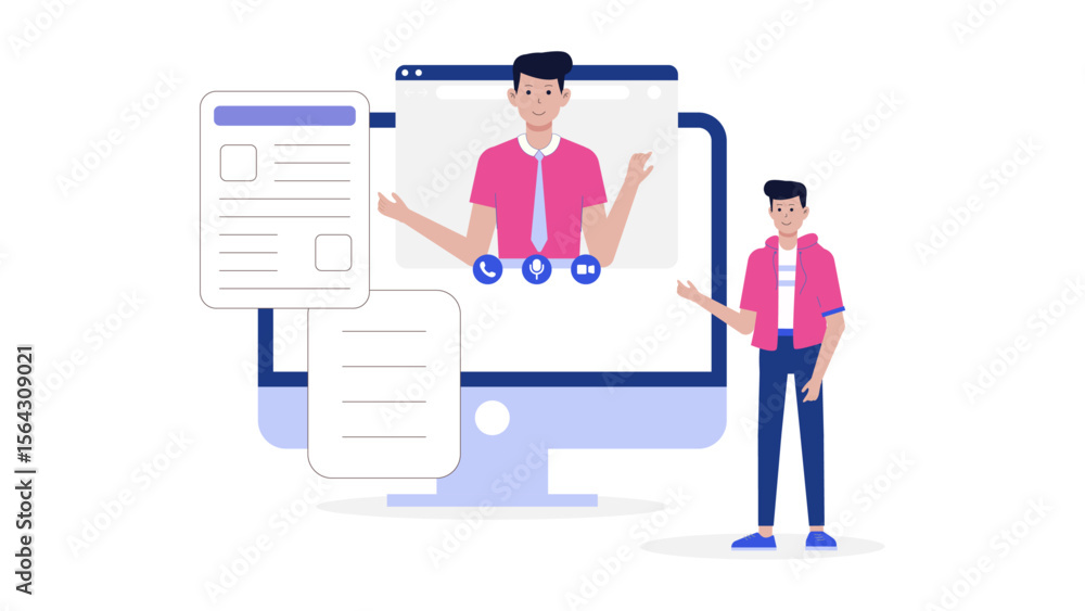 Obraz premium Online video conference with documents suitable for virtual meetings, remote work, collaboration, business presentations, digital communication, online seminars.