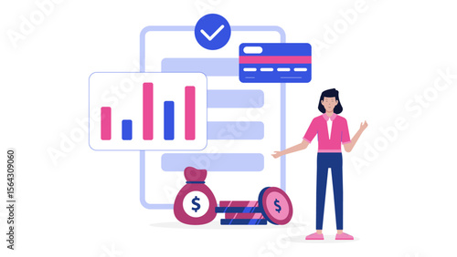 Online finance management concept with a woman handling money. Suitable for finance websites, blogs, and social media posts.