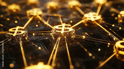 Finance Network with USD Symbol: An intricate network of golden USD symbols connected by radiant lines, illustrating the interconnectedness of financial transactions and economic growth.