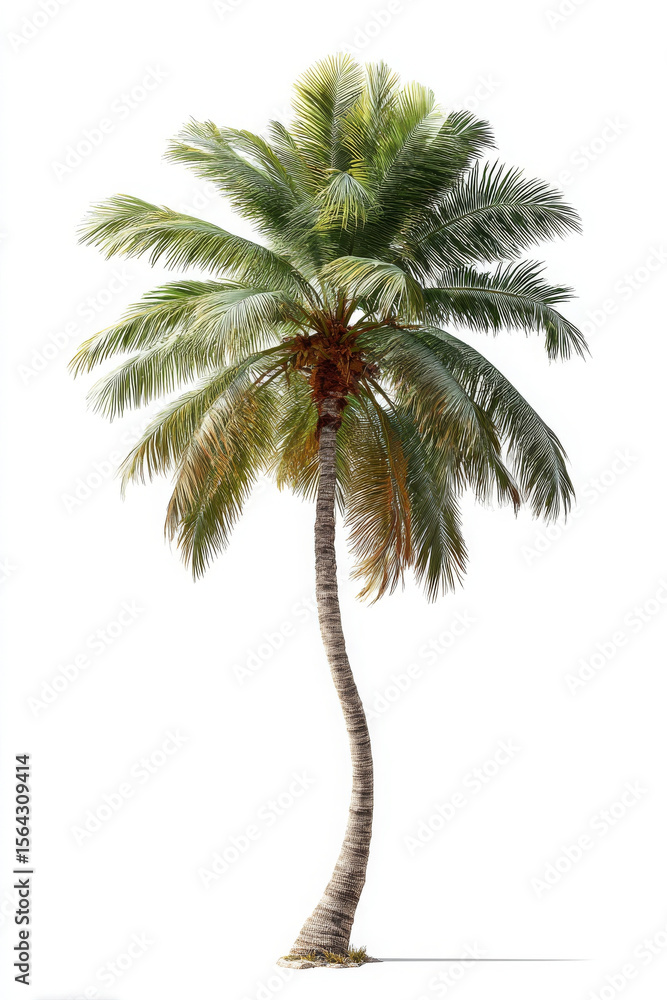 Obraz premium Full coconut palm tree with curving trunk stands isolated against white background
