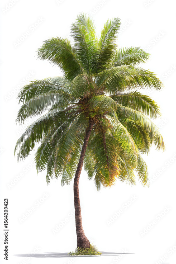 Obraz premium Tall coconut palm tree with curving trunk and lush green fronds stands isolated against white