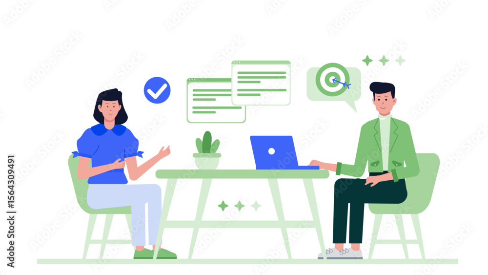 Business meeting shows two people discussing a project goal. Suitable for presentations, websites, and articles related to teamwork, collaboration, and business planning. Business meeting shows two people discussing a project goal. Suitable for presentations, websites, and articles related to teamwork, collaboration, and business planning.